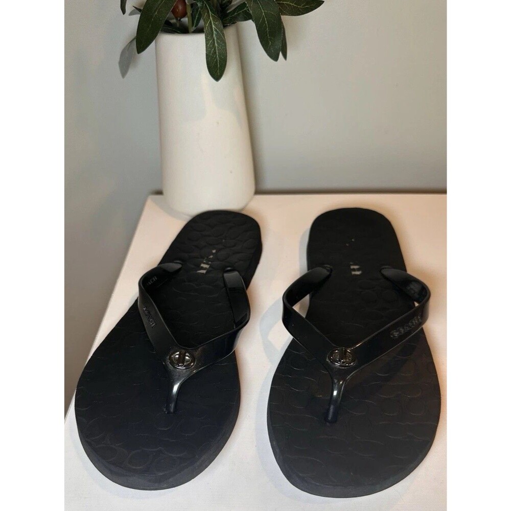 Coach Abbigail Black Signature C Logo Thong Flip Flop Sandals Women Size 8B